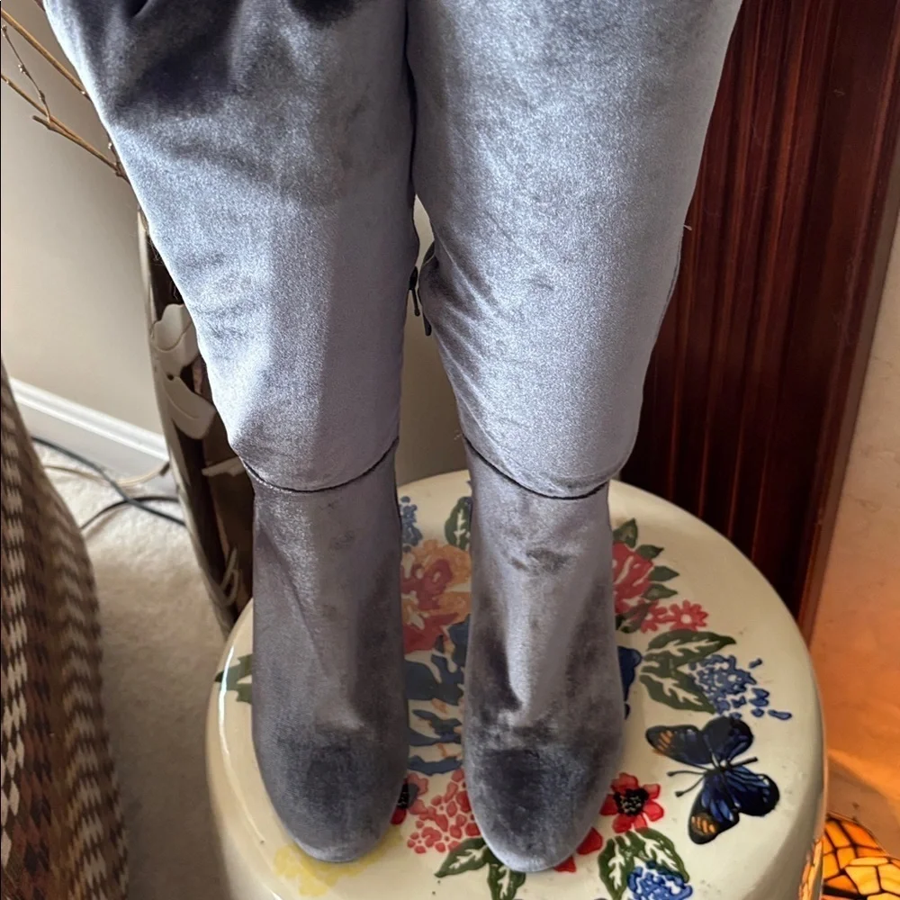 ALDO Belinna Over the Knee Gray Velvet Stretch Boots Block Heel Thigh High Party